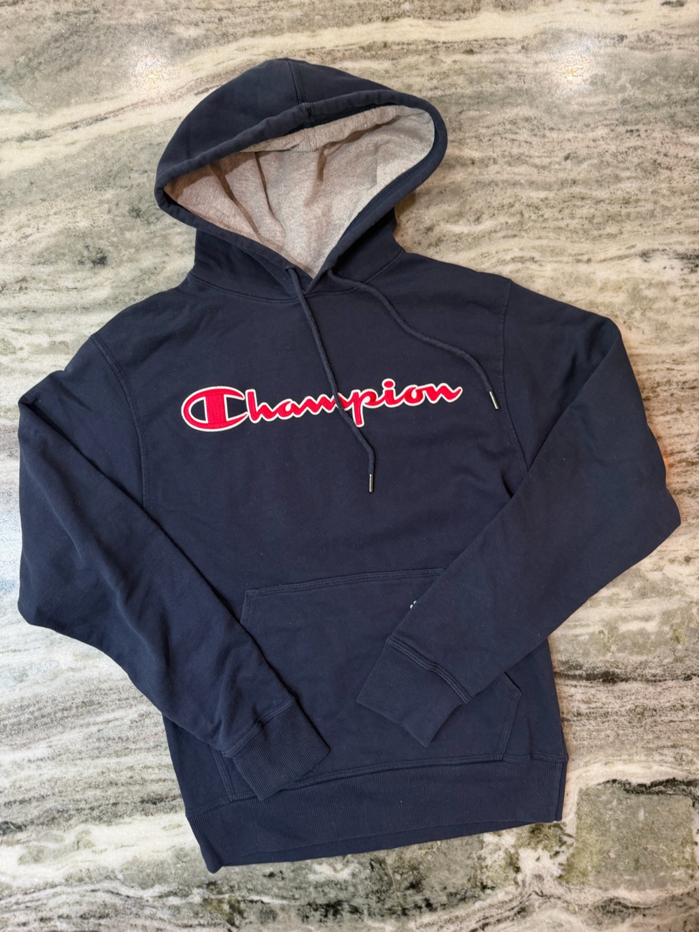 Champion Navy Pullover Hoodie with Red Script Logo